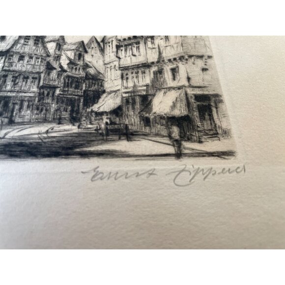 Ernst Zipperer Etching Of European Street Scene On Cream Paper - Picture 12 of 13
